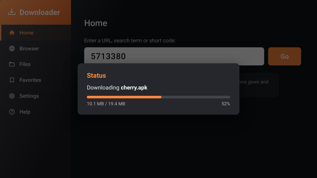 Downloader showing cherry.apk downloading, 52 percent complete