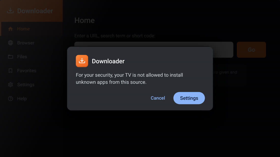 Security message from the TV with the Settings button highlighted