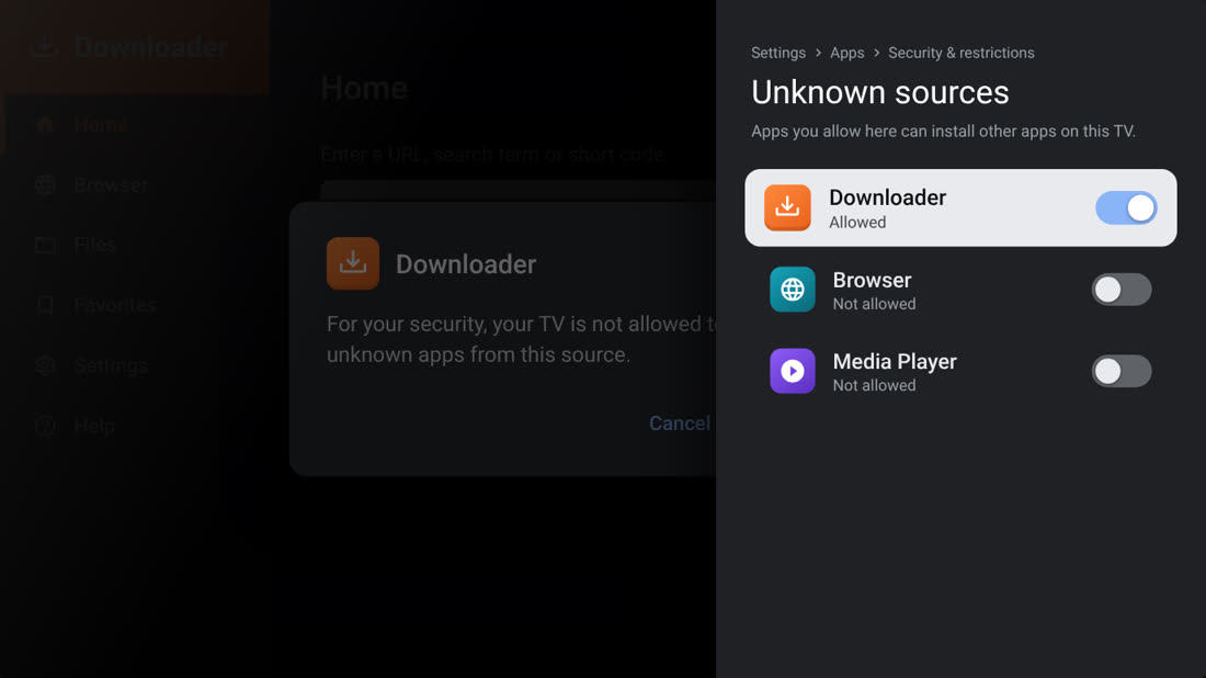 Unknown sources settings with Downloader switched on